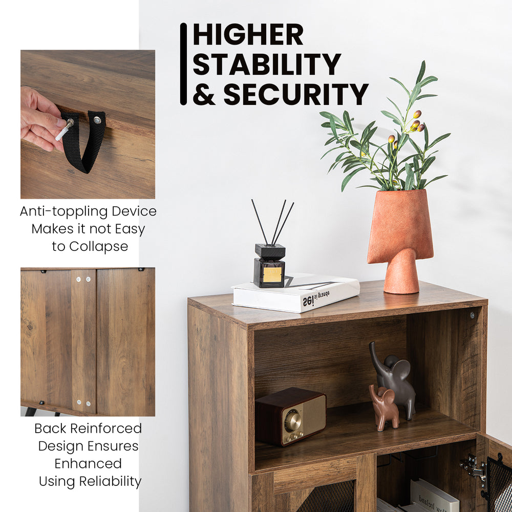 2-door farmhouse kitchen storage bar cabinet in rustic brown with wine rack, glass holder, and anti-tipping design for.