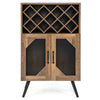 Farmhouse kitchen storage bar cabinet in rustic brown with 11-bottle wine rack and metal mesh doors for stylish.