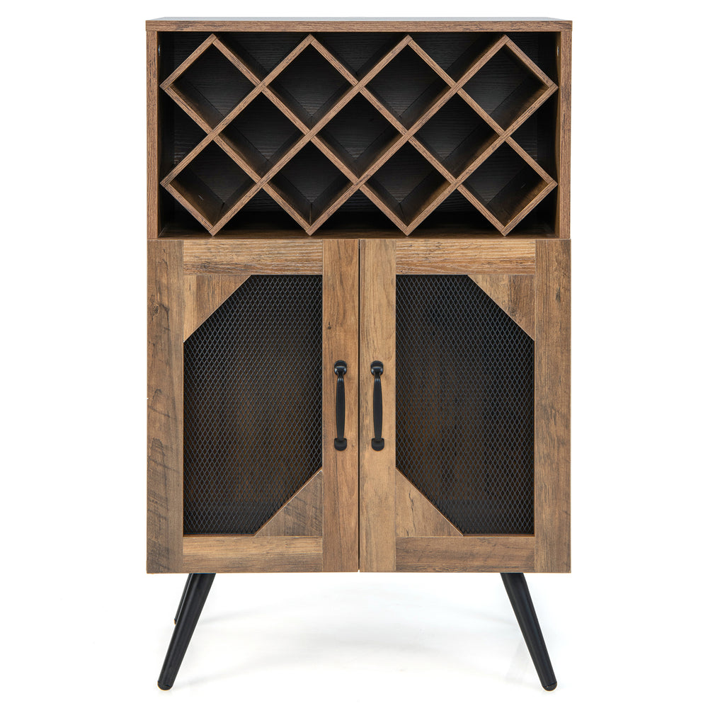 Farmhouse kitchen storage bar cabinet in rustic brown with 11-bottle wine rack and metal mesh doors for stylish.