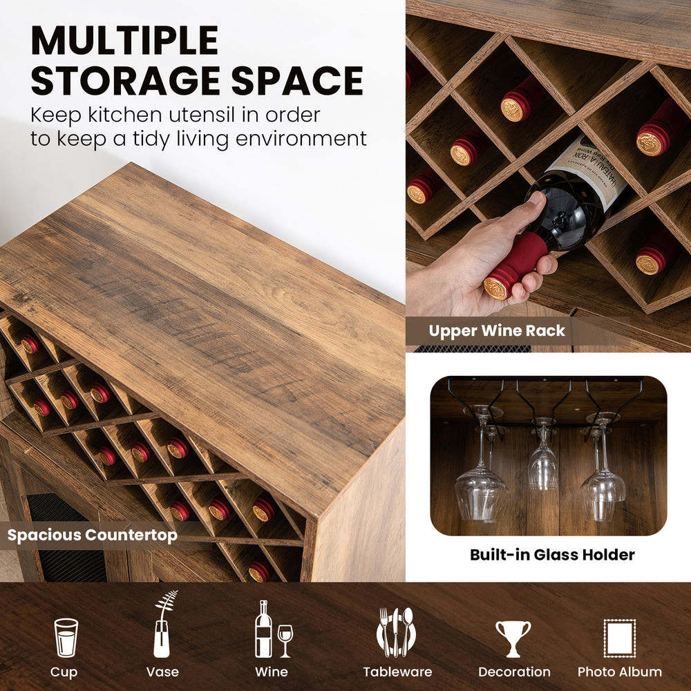 Rustic brown 2-door farmhouse kitchen storage bar cabinet with 11-bottle wine rack and built-in glass holder for.