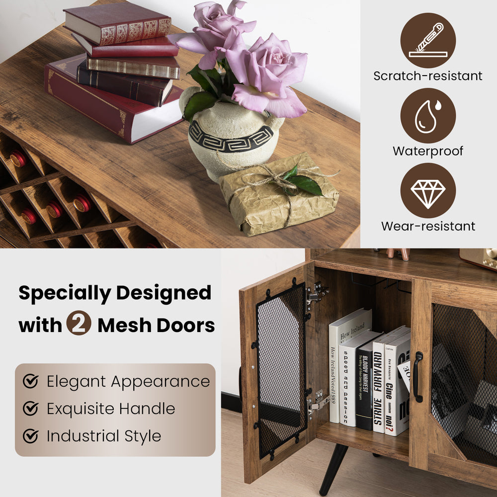 Rustic brown 2-door farmhouse kitchen storage bar cabinet with wine rack, mesh doors, and ample storage for versatile.