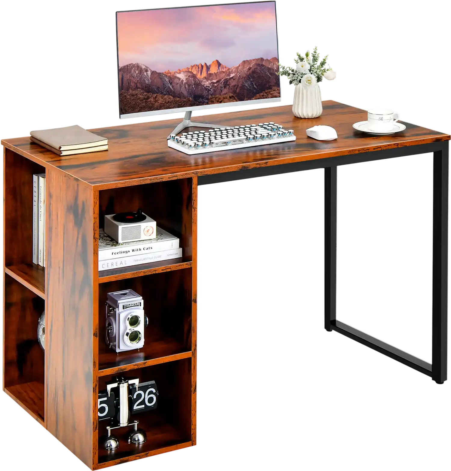 Costway Computer Desk w/ 5 Side Shelves Metal Frame Rustic Brown 96714358 New