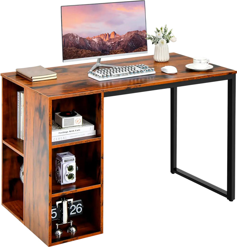 Rustic brown computer desk with spacious top and 5 side shelves, featuring a sturdy metal frame for versatile office.