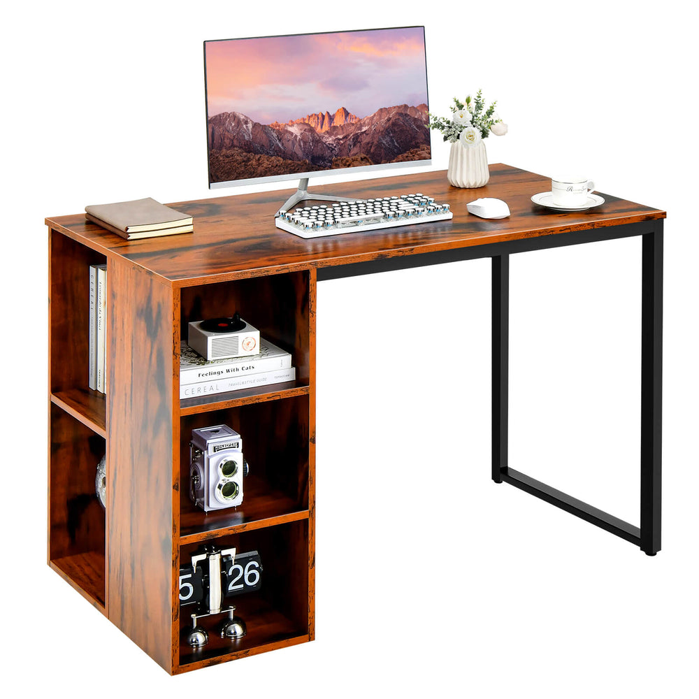 Computer Desk with 5 Side Shelves and Metal Frame-Rustic Brown - Gallery View 1 of 10