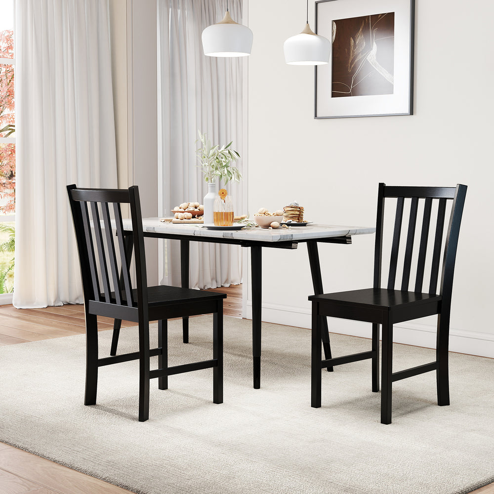 Black wooden dining chairs set of 2 with slat backrest, perfect for kitchen or dining room, showcasing ergonomic design.