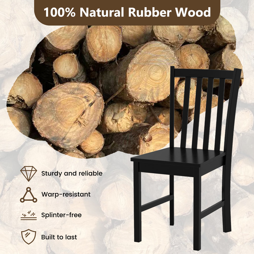 Black rustic dining chair with slat backrest, made of durable rubber wood, perfect for kitchen or dining room use.