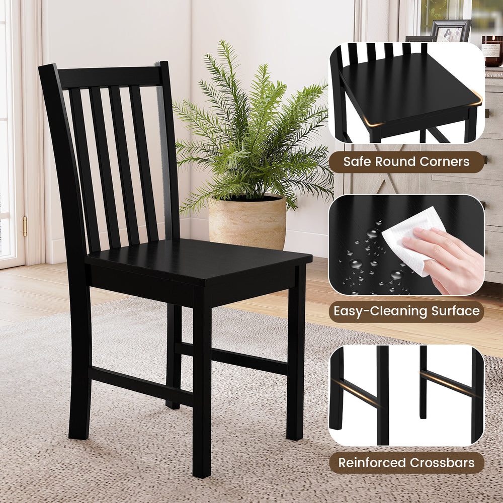Black wooden dining chair with slat backrest, ergonomic tilt design, perfect for kitchen or dining room use.