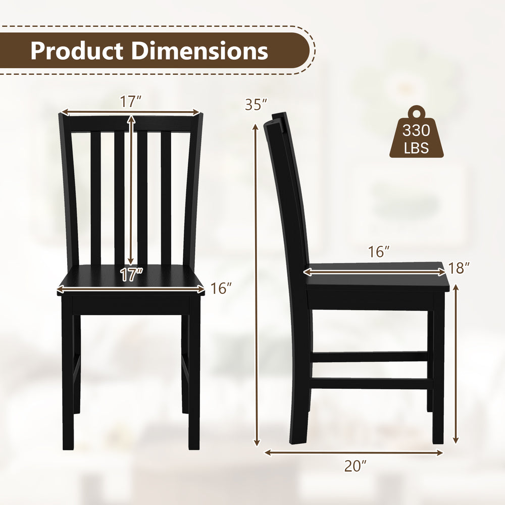 Rustic black wooden dining chair dimensions with slat backrest, ergonomic tilt design, supports up to 330 lbs.
