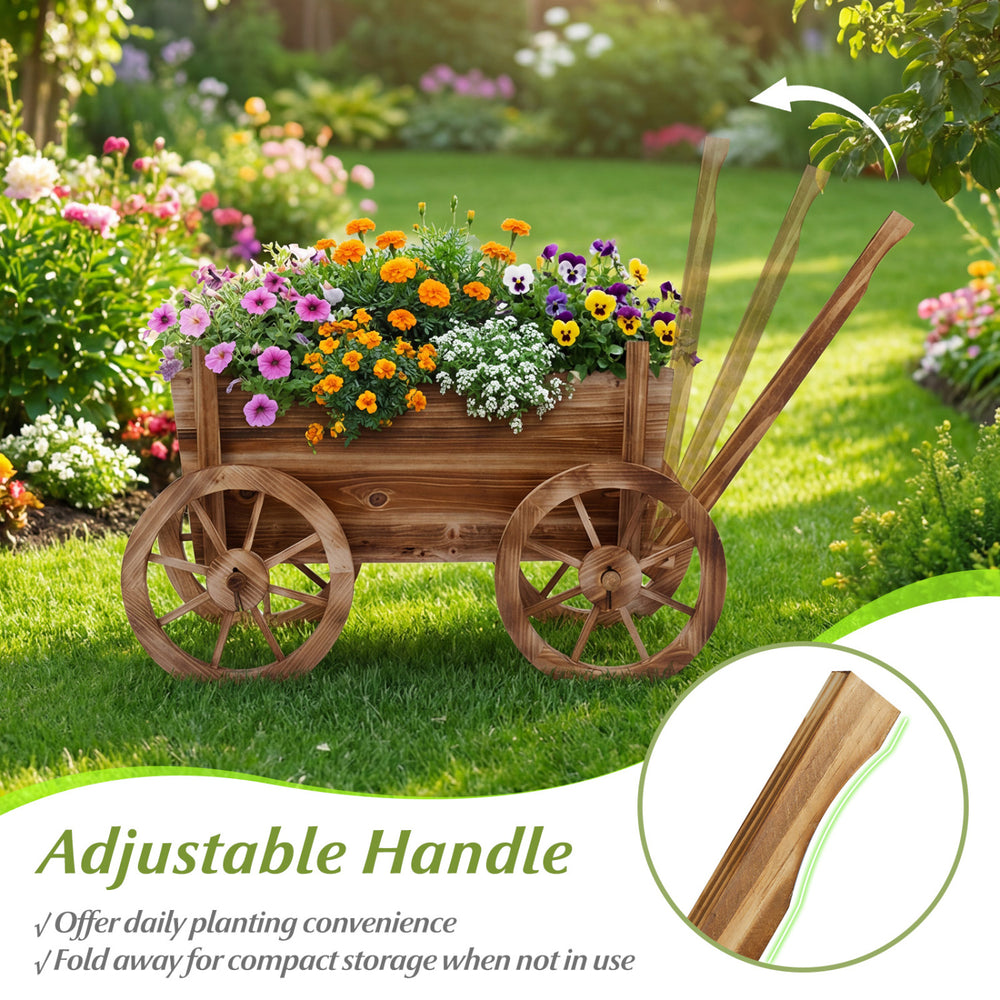 Rustic rolling flower pot stand with wheels, adjustable handle, and vibrant flowers, perfect for garden decoration.