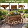 Rustic rolling flower pot stand with wheels, made of fir wood, featuring a vintage wagon design for garden decoration.
