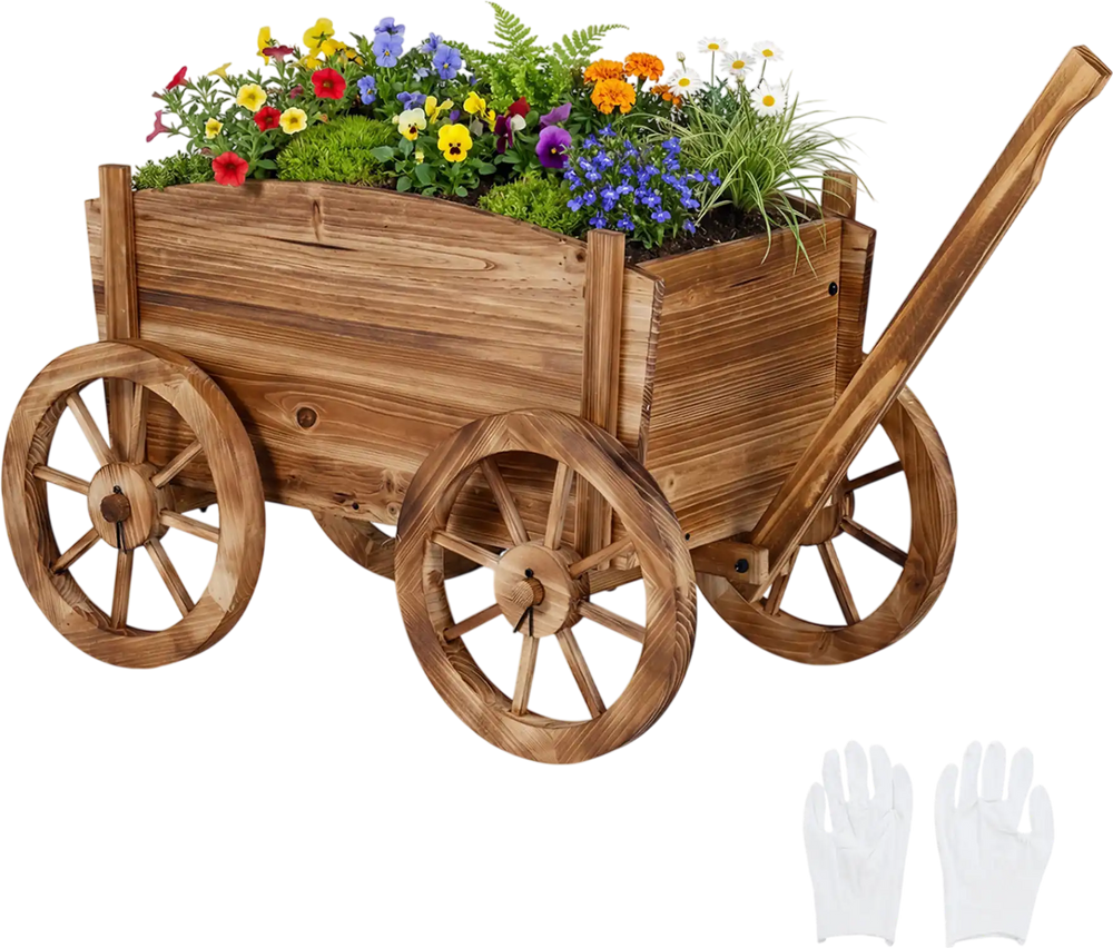 Rustic rolling flower pot stand made of fir wood, featuring a wagon cart design, large wheels, and a spacious planter.