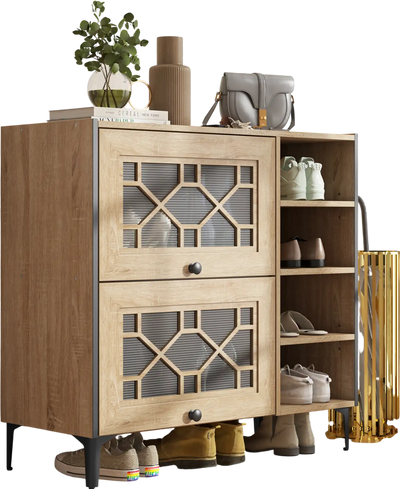 Costway Rustic Shoe Cabinet Flip-Up See-Through Doors Adjustable Shelves Oak 32679814 New