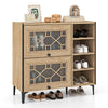 Rustic shoe cabinet in oak with flip-up see-through doors, adjustable shelves, and 5-leg support for entryway storage.