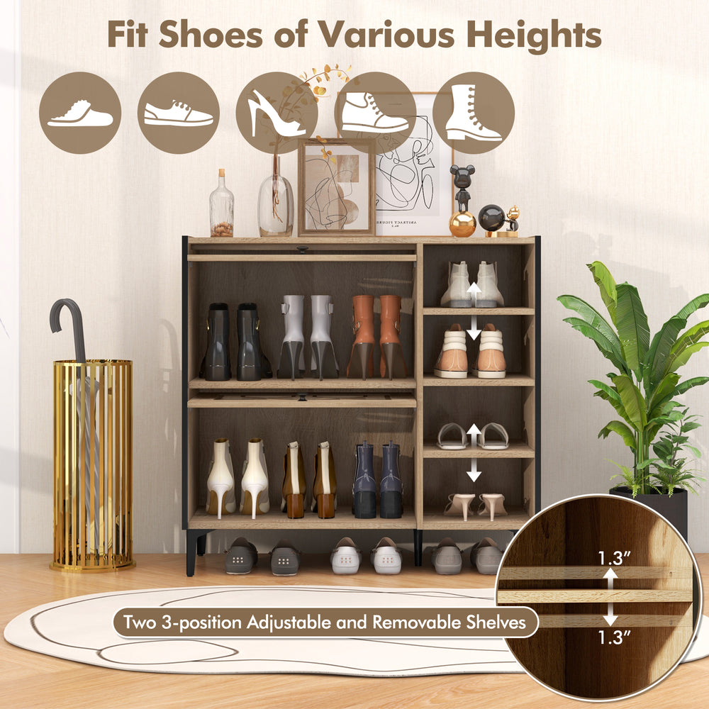Rustic shoe cabinet with flip-up see-through doors, adjustable shelves, and 4 open spaces for versatile shoe storage.