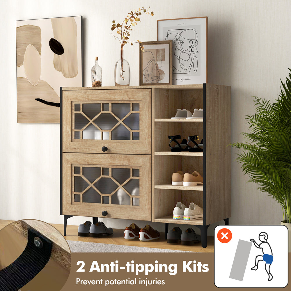 Rustic shoe cabinet with flip-up see-through doors, adjustable shelves, and anti-tipping kits for safety and style.