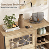 Spacious tabletop of the rustic shoe cabinet in oak, featuring a wood grain finish and decorative items for stylish.