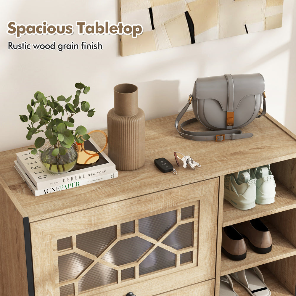Spacious tabletop of the rustic shoe cabinet in oak, featuring a wood grain finish and decorative items for stylish.
