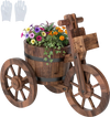 Rustic wood tricycle planter with wheels, crafted from fir wood, ideal for flowers and herbs, includes storage box.