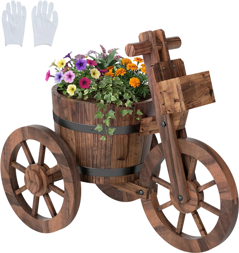 Rustic wood tricycle planter with wheels, crafted from fir wood, ideal for flowers and herbs, includes storage box.