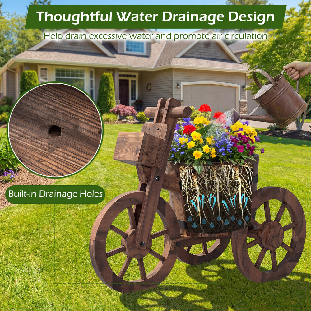 Rustic wood tricycle planter with wheels, built-in drainage holes, perfect for flowers and herbs in outdoor spaces.