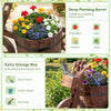Rustic wood tricycle planter with wheels, featuring a storage box, ideal for growing flowers and herbs outdoors.