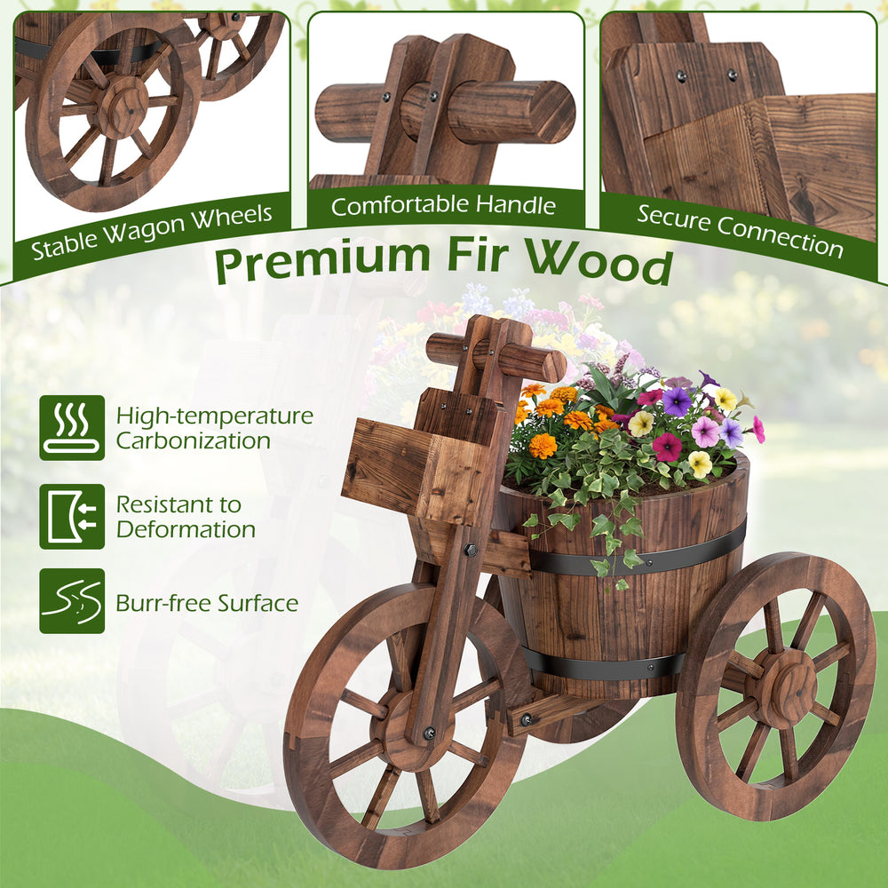 Rustic wood tricycle planter with wheels, crafted from fir wood, ideal for flowers and herbs, featuring a storage box.