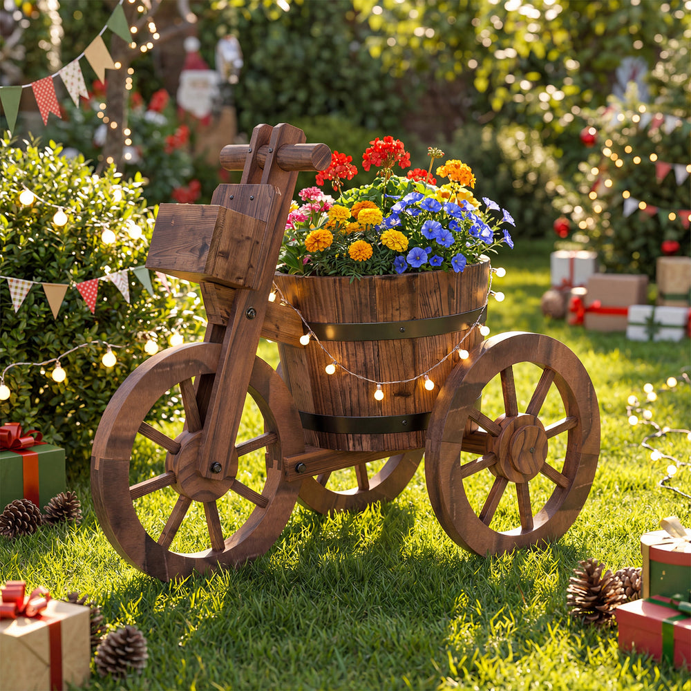 Rustic wood tricycle planter with wheels, featuring vibrant flowers and a storage box, ideal for outdoor decoration.