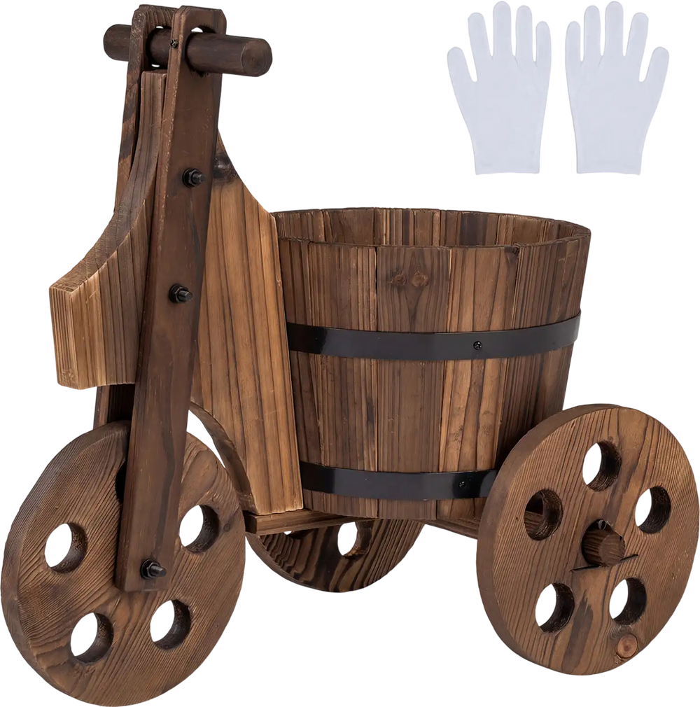 Rustic wood tricycle planter barrel in coffee color, perfect for flowers or herbs, featuring a drainage hole and stable.