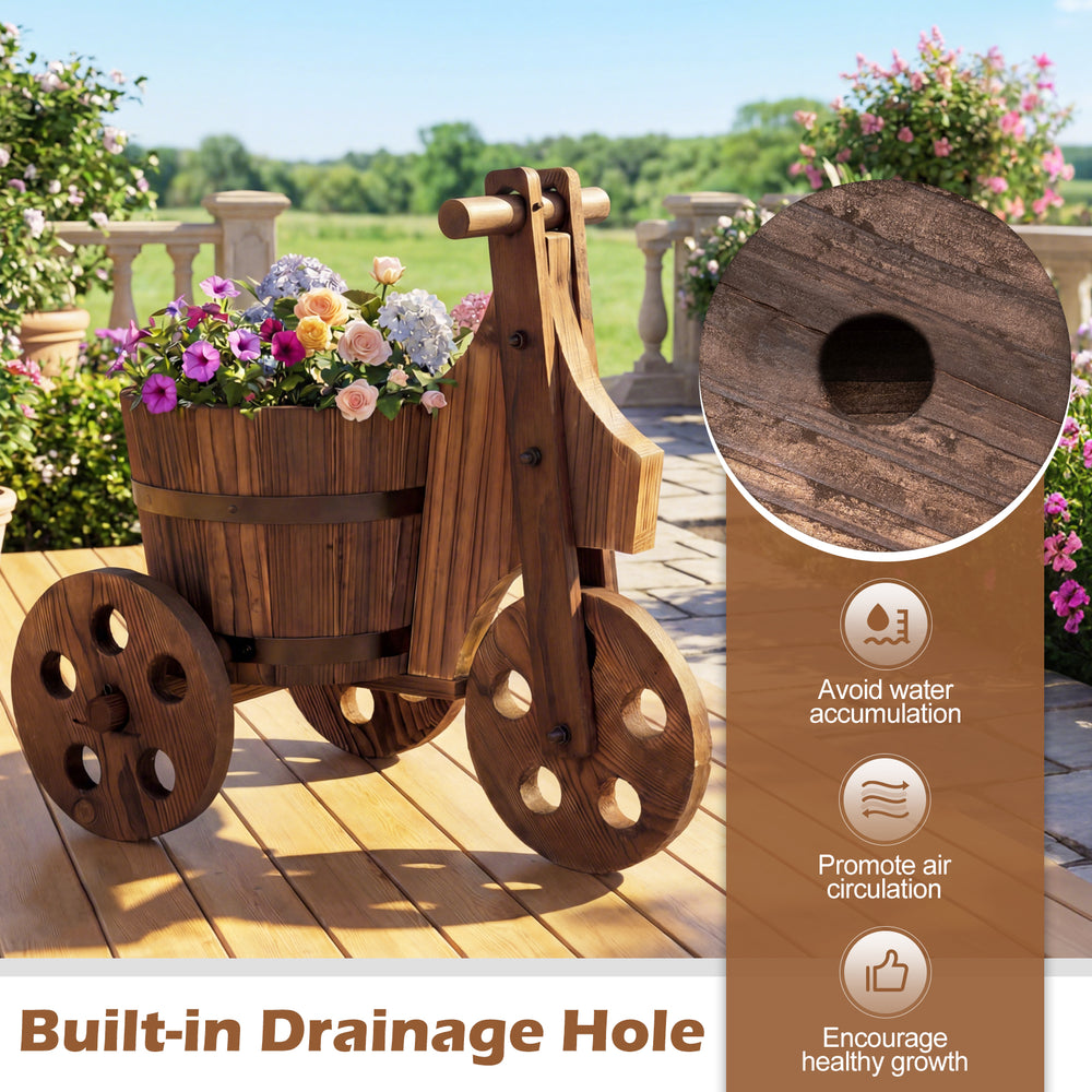 Rustic wood tricycle planter barrel with drainage hole, crafted from fir wood, perfect for flowers and herbs.