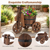 Rustic wood tricycle planter barrel with drainage hole, reinforced metal band, ideal for flowers and herbs in gardens.