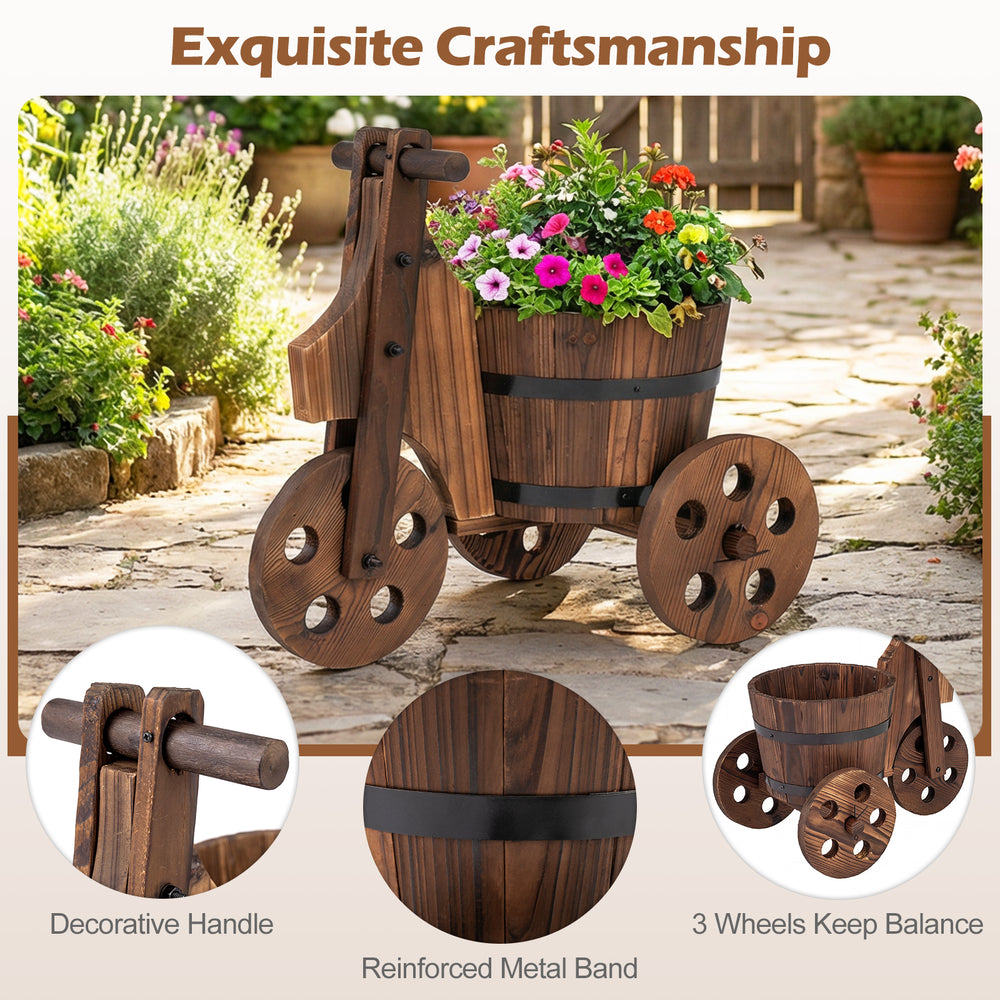 Rustic wood tricycle planter barrel with drainage hole, reinforced metal band, ideal for flowers and herbs in gardens.