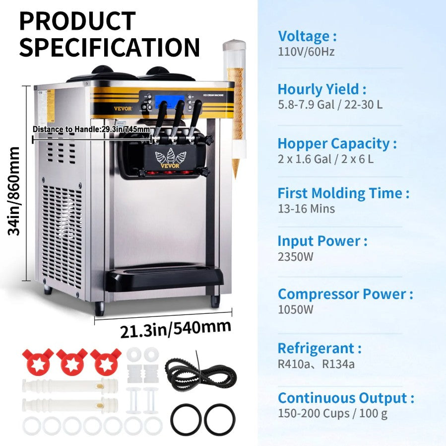 Vevor Commercial Soft Serve Ice Cream Machine 6.3–7.9 Gal/H 2350W 2 x 1.6 Gal Hoppers New