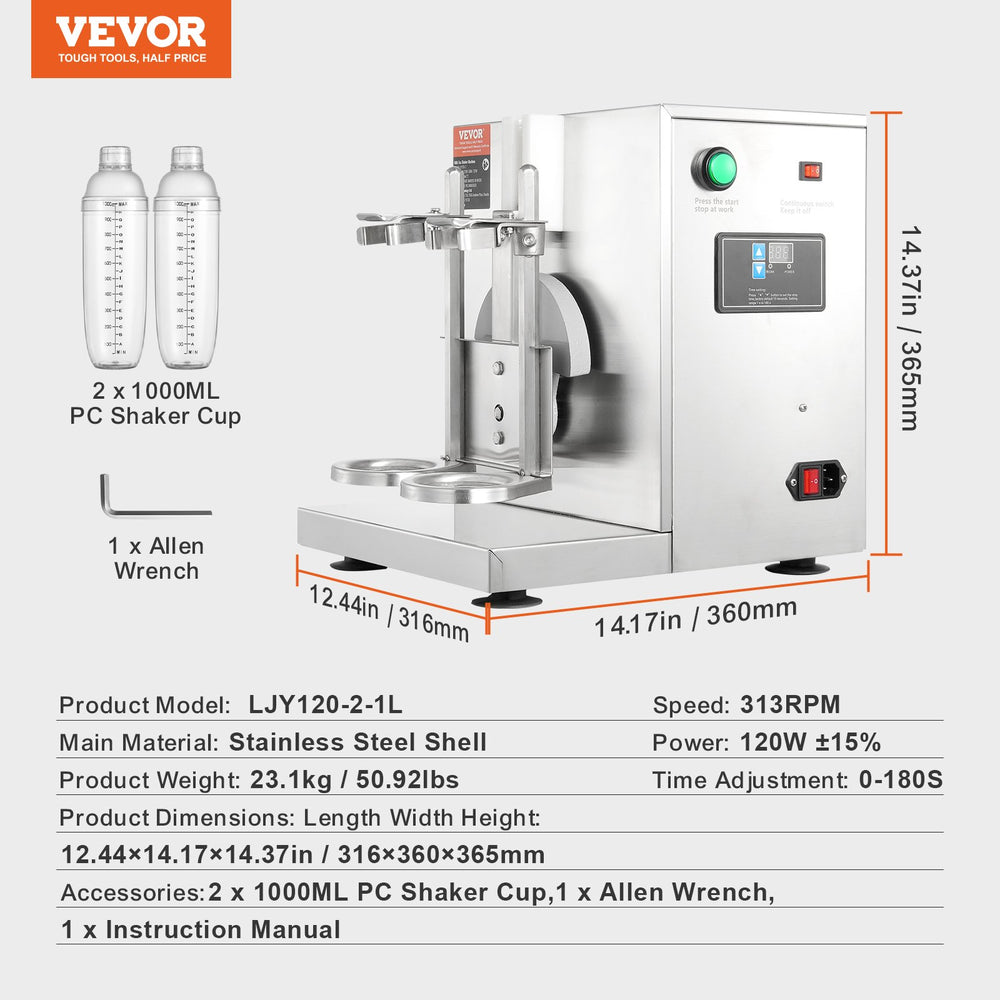 Vevor Milkshake Maker Machine 1 Qt 120W Commercial Double Head Shaker with 360° Shake 0-180s New