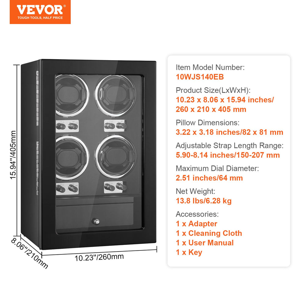 Vevor Watch Winder for 4 Automatic Watches with Ultra-Quiet Mabuchi Motors LED Light and Locking Case New