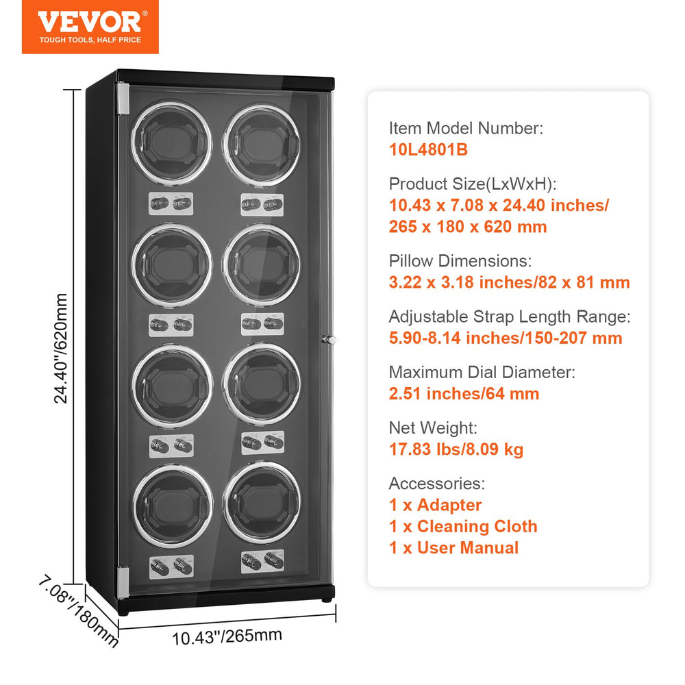 Vevor Watch Winder for 8 Automatic Watches with Ultra-Quiet Mabuchi Motors LED Light and and Dual Power New