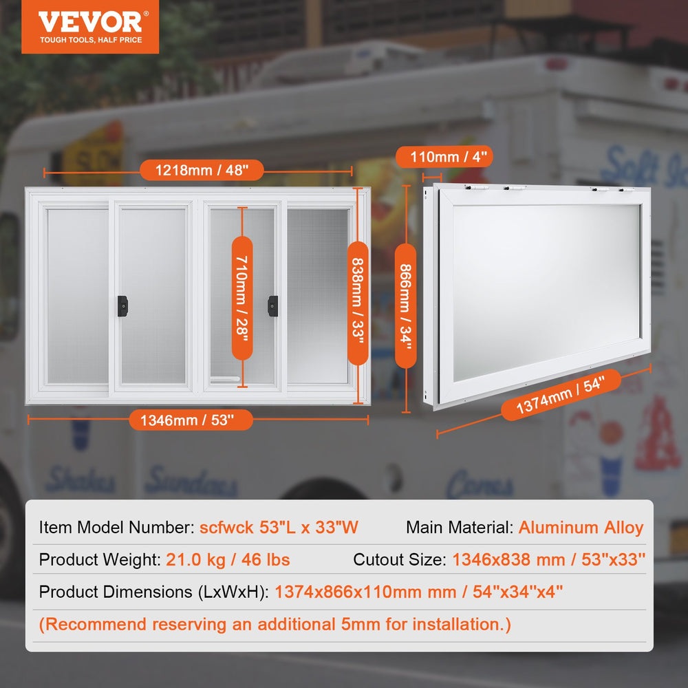 Vevor Concession Window 53" x 33" Aluminum Alloy Food Truck Service Window with 4 Sliding Windows New