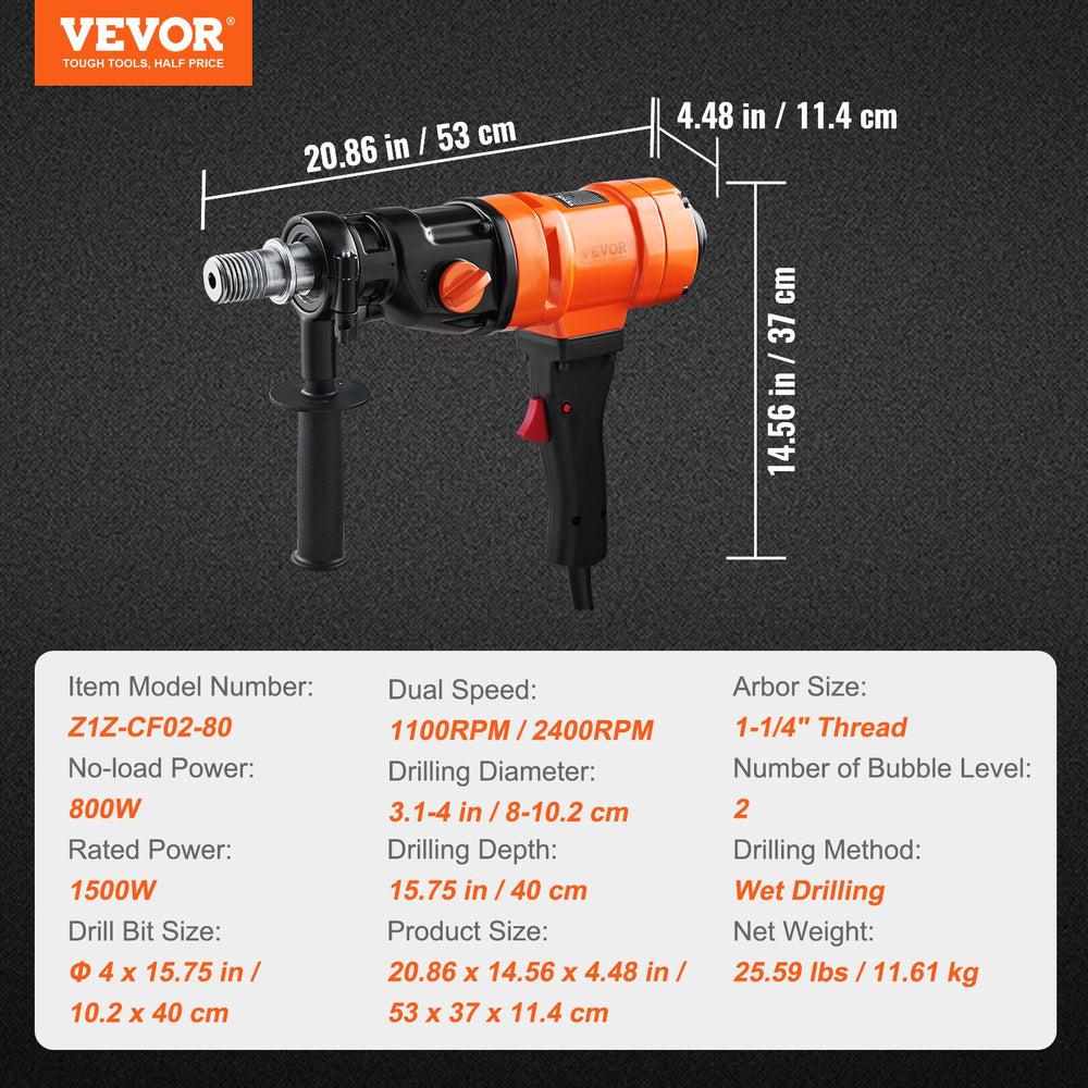 Vevor Diamond Core Drilling Machine 4" Handheld Wet Coring Bit 1500W 1100-2400 RPM 2-Speed New