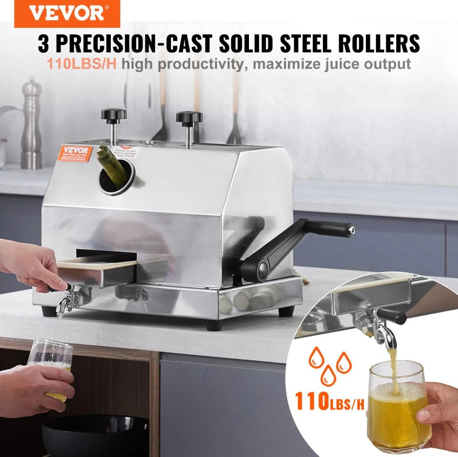 Vevor Manual Sugar Cane Juicer 110 Lbs/H 3 Rollers Stainless Steel Extractor with 2.4" Inlet New