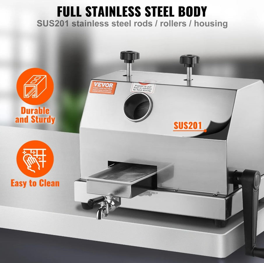Vevor Manual Sugar Cane Juicer 110 Lbs/H 3 Rollers Stainless Steel Extractor with 2.4" Inlet New
