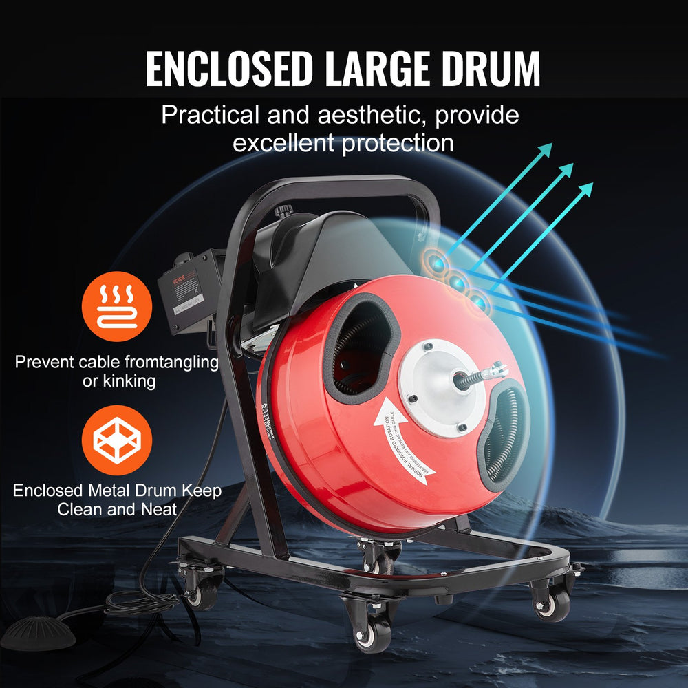 Vevor Drain Cleaning Machine 50' x 1/2" Manual Feed Drain Auger with Enclosed Drum and Wheels New