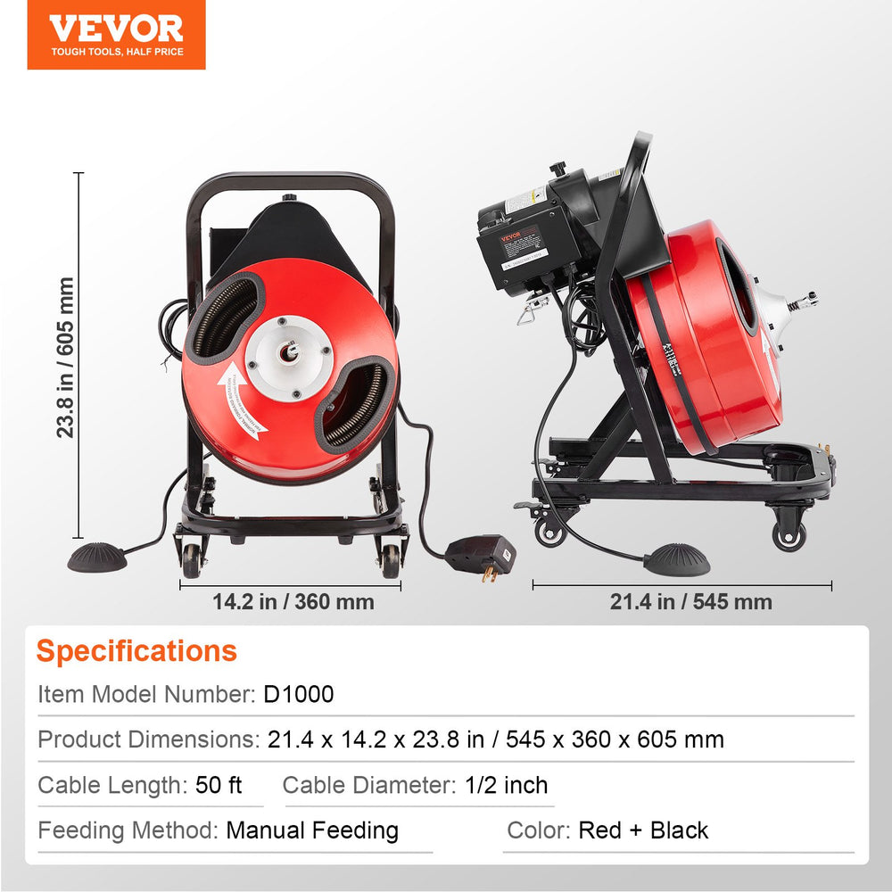 Vevor Drain Cleaning Machine 50' x 1/2" Manual Feed Drain Auger with Enclosed Drum and Wheels New