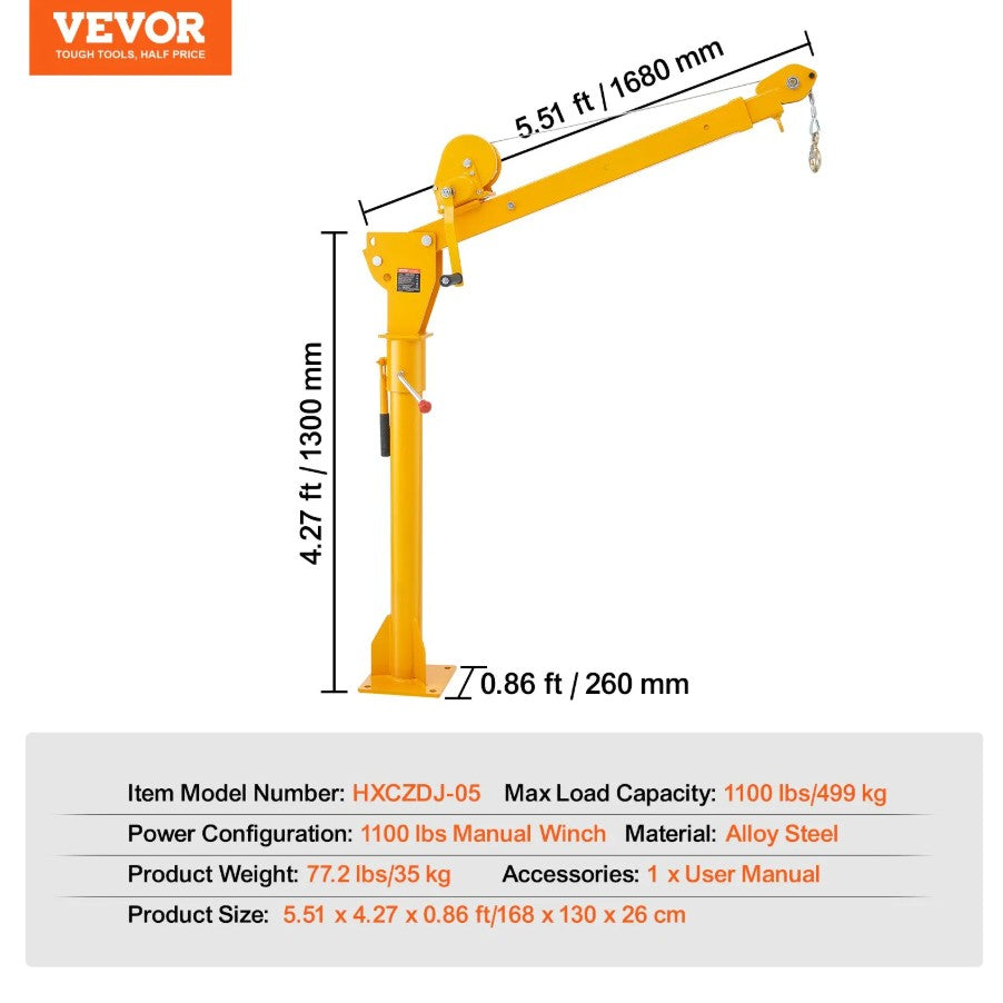 Vevor Pickup Truck Crane 1100 lb Manual Winch 360° Swivel Telescoping Arm New