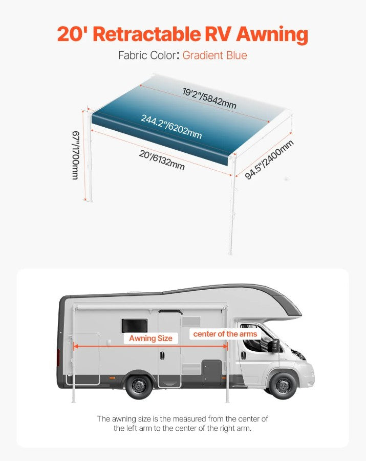 Vevor Manual Retractable RV Awning 20' Heavy-Duty Vinyl Replacement for Most DC12V RVs New