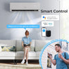 Mini split heat pump with WiFi, remote control, and voice activation, designed for efficient heating and cooling.
