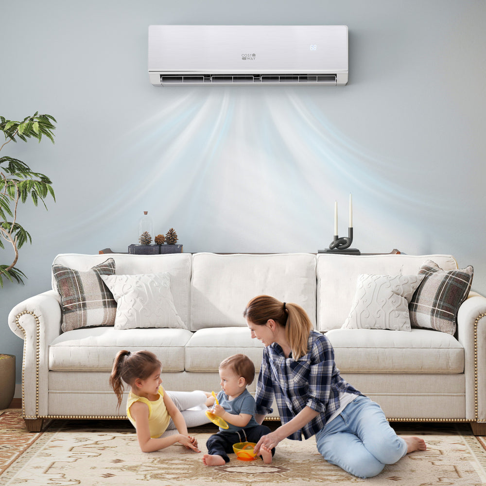 Mini split heat pump mounted on a wall, providing efficient heating and cooling for a cozy living room setting.