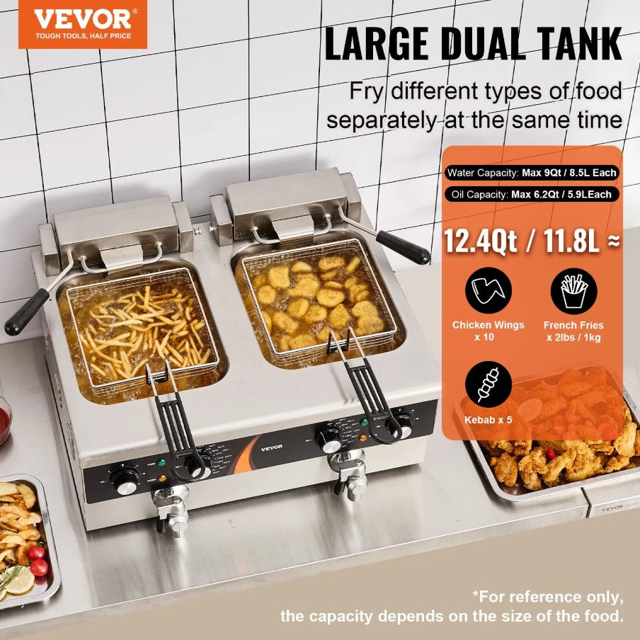 Vevor Commercial Electric Deep Fryer Dual Tank 2 x 9 Qt 3500W Countertop New