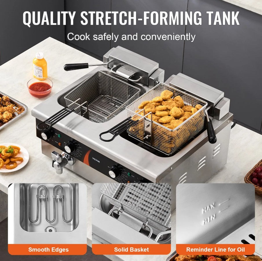 Vevor Commercial Electric Deep Fryer Dual Tank 2 x 9 Qt 3500W Countertop New