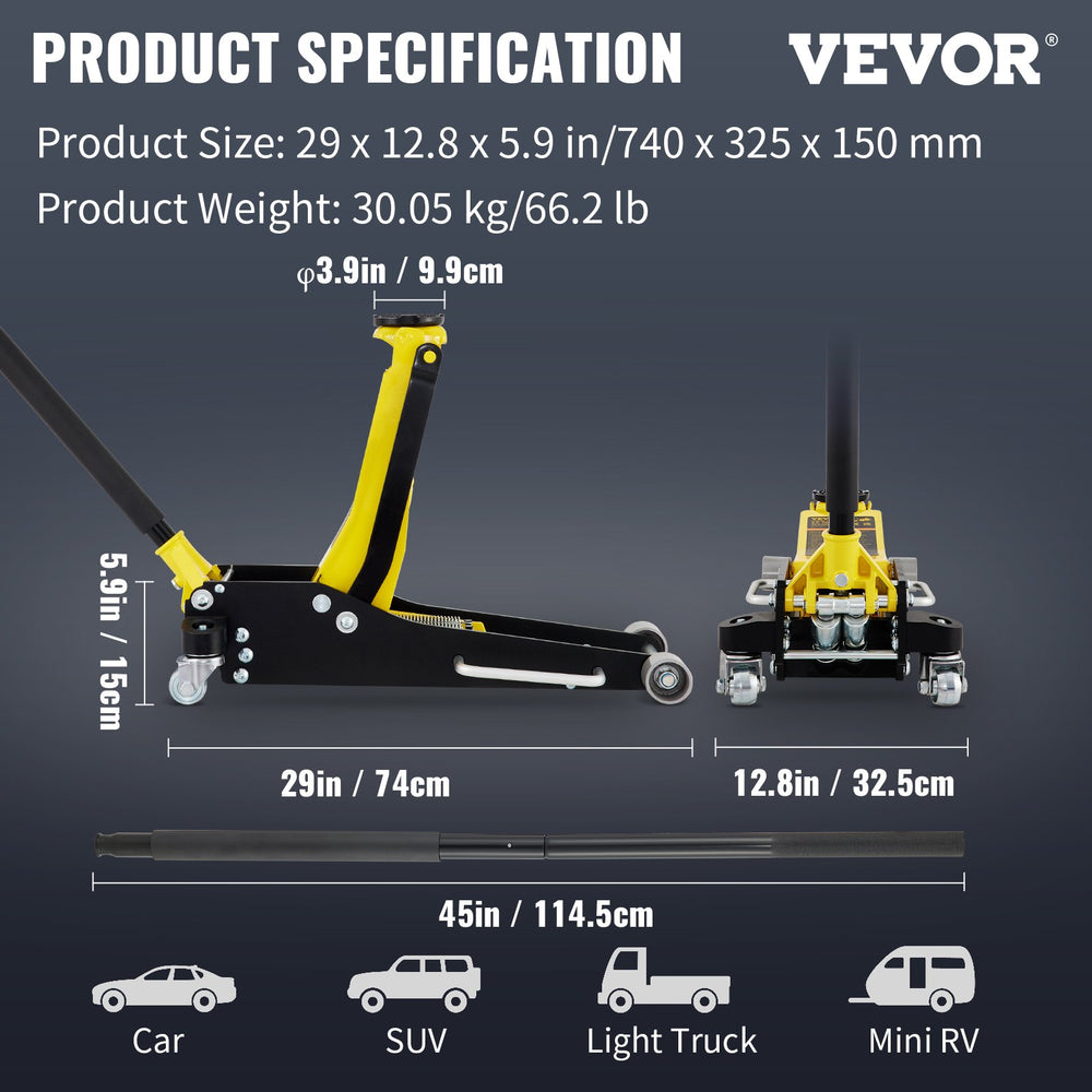 Vevor Floor Jack 6,600 Lbs. 3 Ton Aluminum Steel Low Profile Dual Pump 3.54" to 19.68" New