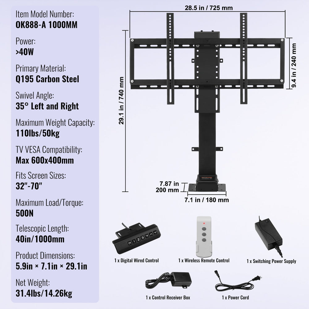 Vevor Motorized TV Lift for 32"-70" TV 28.7"-68.1" Height Adjustable with 30° L/R Manual Swivel New