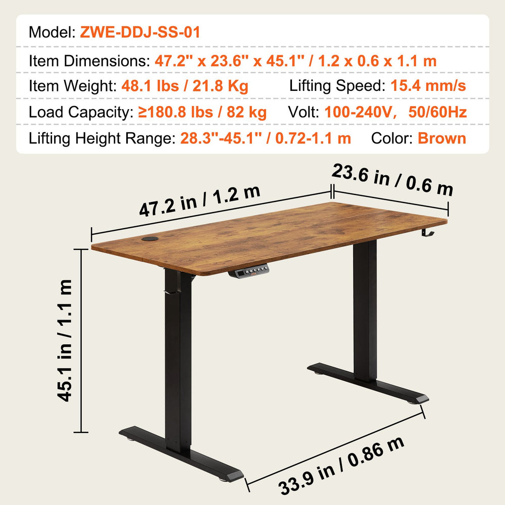 Vevor Electric Standing Desk 47.2" x 23.6" 180 Lbs. Capacity 28.3" to 45.1" Height Adjustable New